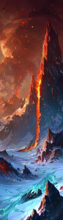 Floating mountains oversee lava lakes, ice shipwrecks in their shadowsの素材