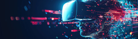 Futuristic AI with quantum circuits in VR, blockchain data cascading around, crafting an immersive digital universe.の素材