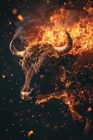 Fire consumes crypto, dark growth, bull amidst burning stocksの素材