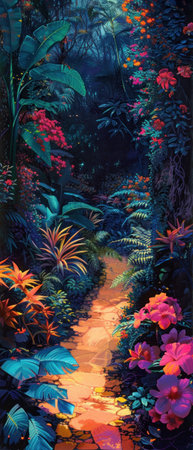 Glowing light painting paths weaving through a lush tropical garden of vivid flowers.の素材