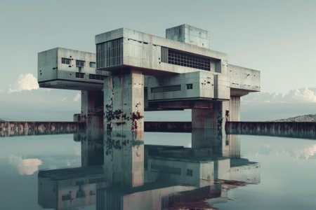 Floating architecture blends with brutalist buildings, ancient ruins rememberの素材