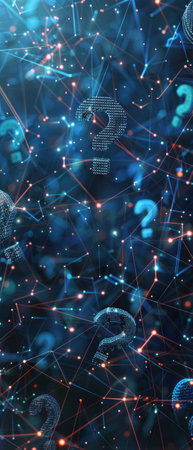 Dynamic backdrop of interconnected question marks and data points, representing the complex web of communication, information, and strategy in the digital age.の素材