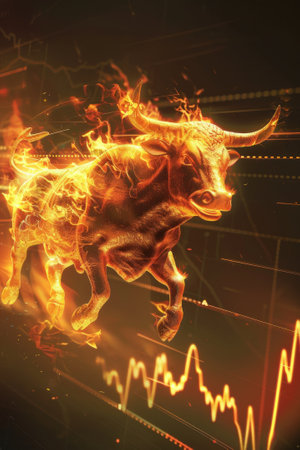 Dynamic illustration of a bull made of fire, sprinting along a rising stock chart background, reflecting the heat and energy of a booming market.の素材