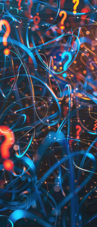 Dynamic backdrop of interconnected question marks and data points, representing the complex web of communication, information, and strategy in the digital age.の素材