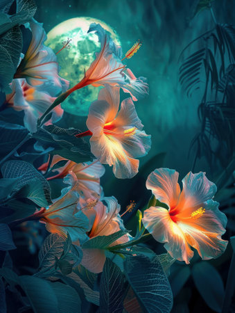 Light painting photography capturing the delicate dance of tropical flowers under a full moon, their petals aglow with ethereal light.の素材