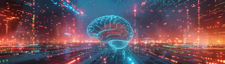 Immersive VR landscape showcasing a digital brain connected to quantum computing circuits, illuminated by blockchain data flows.の素材