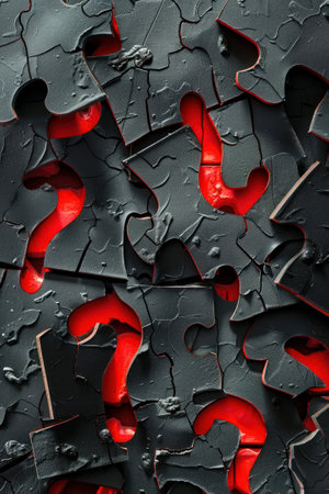 Modern graphic design featuring a puzzled backdrop with red question marks, expressing confusion and the quest for solutions in business and education.の素材