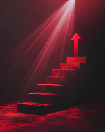 Minimalist design of a red arrow climbing a staircase graph under a spotlight, representing step-by-step progressの素材