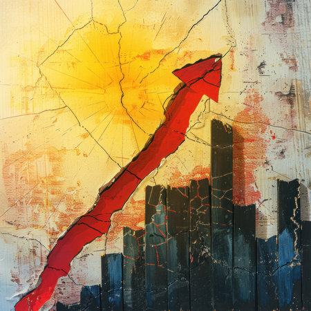 Stylized red arrow breaking through the ceiling of a bar graph, on a canvas of sunrise colors, showcasing explosive growthの素材