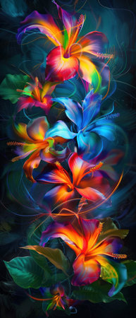 Tropical flowers bathed in light painting swirls, illuminating the night with vibrant colors.の素材