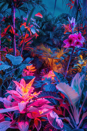 Tropical flora glowing under artistic light painting, creating a surreal garden scene.の素材