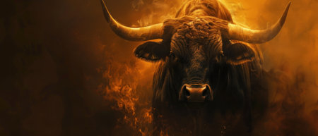 Success and shadows, fiery bull over dark money, eerie investment vibes.の素材