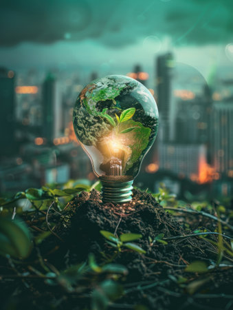 Innovative green technologies emerging from the Earth, showcasing the power of sustainable development and energyの素材