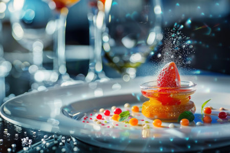 Molecular Gastronomy in elegant setting, precision plating with vibrant colors, culinary innovation, sleek tableware.high-resolutionの素材