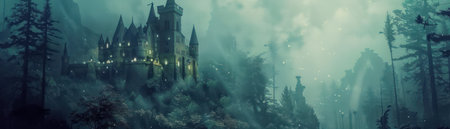 Fairy tale castles amidst enchanted woods, marked by mystic symbols minimalistの素材