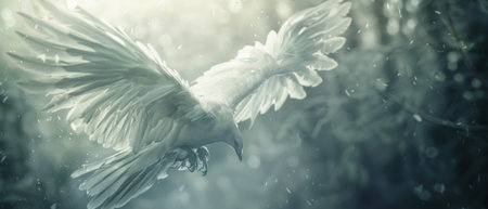 A dynamic wide-angle shot of a bird soaring with outstretched wings, encapsulated in a serene scene of falling rain and soft light.の素材