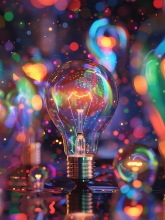An illuminated light bulb with a filament brightly glowing, surrounded by a vivid bokeh effect of multicolored lights reflecting on a surface.の素材