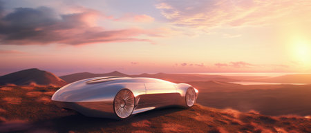 A solar-powered car parked on a hilltop at sunset, its body reflecting the golden light. The scene speaks to the beauty and promise of sustainable transport and renewable energy. pastel,3d render, novel, Tell a storyの素材