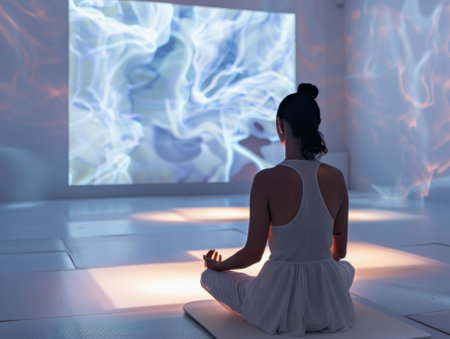 A serene space equipped with mindfulness technology, where individuals meditate surrounded by immersive, calming projections, enhancing mental clarity and emotional balance. close-upの素材