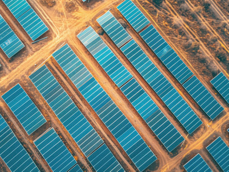 An aerial view of a solar energy farm reveals patterns of sustainability. The panels form a quilt of progress, stitching together a tapestry of renewable resources and green power. high resolution DSLRの素材
