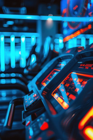 A futuristic gym where biohacking fitness enthusiasts fine-tune their bodies with advanced wearables, tracking and optimizing every workout for peak performance. close-upの素材