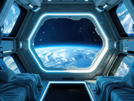 Inside a luxury space hotel orbiting Earth, guests enjoy zero gravity leisure activities. Large windows reveal the planet below, encapsulating the dream of space tourism. cinematicの素材
