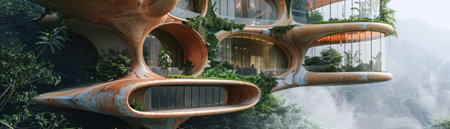 Witness the elegance of nature-inspired buildings, where biomimetic architecture meets sustainable design, harmonizing with the natural world close-upの素材