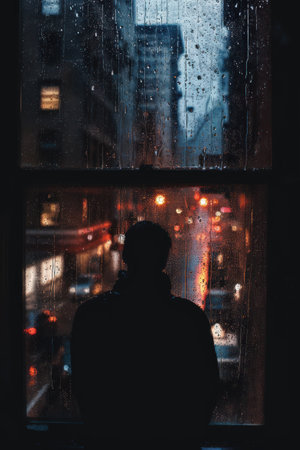 In a bustling city street a lone figure gazes wistfully out of a rainspattered window Captured in silhouette lighting the scene evokes a sense of longing and introspection Photography Silhouette lightingの素材