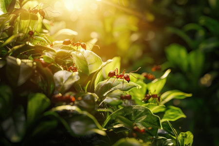 A group of ants diligently carrying food to their colony in a lush garden Viewed from ground level showcasing their teamwork and organization Realistic style with sunlight filtering through foliageの素材