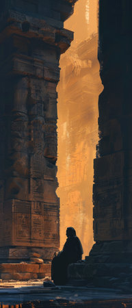 Amidst ancient ruins a philosopher sits among crumbling pillars deep in reflection as the sun sets painting the scene with a mix of warm overcast and silhouette lighting capturing the essence of contemplationの素材