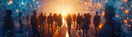 A group of diverse avatars stand at the virtual crossroads of digital connectivity symbolizing the unity in a collective consciousness Illustrate this moment in a realistic style photograph utilizing a silhouette lighting effect to evoke the depth of their shared experiencesの素材