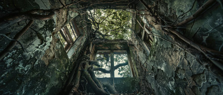 Infuse a sense of dread and isolation into the image by framing a decaying, overgrown structure from a low angle Let the viewers feel the weight of a world in ruins through your compositionの素材