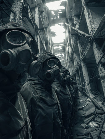Transport the viewer into a dystopian reality by capturing a group of shadowy figures in gas masks, framed from a low angle against a backdrop of crumbling infrastructure Convey the uncertainty and tension of a bleak futureの素材