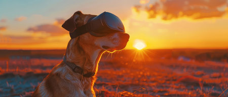 Dog in VR headset imagining vacation in the savannah, medium shot, golden hour, vivid colors , photographic styleの素材