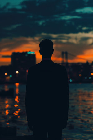 Dark figure of a man in suit, sunset quay, silent yearning , 8K resolutionの素材