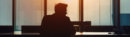 Silhouette of a weary businessman, late office light, desk solitude  , minimalistの素材
