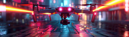 Killer drone in scifi setting, iridescent with chilicolored lasers, closeup, menacing aura , photographic styleの素材