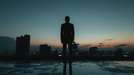 Shadowy businessman on rooftop, dark skyline, introspective solitude  , minimalistの素材