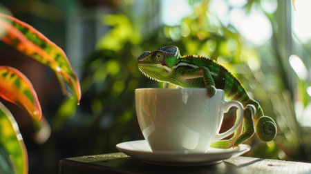 Chameleon blending with coffee cup, bright indoor light, side view, cozy moment , close-upの素材