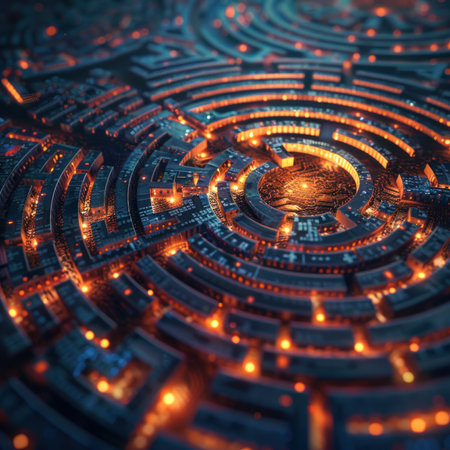Transform the complex world of cryptocurrency and blockchain technology into a visually captivating maze, with each path leading to a different resourceの素材