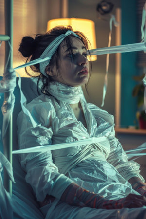 Nurses failed attempt at bandaging, comical wrap everywhere, patient amused, cozy lighting , super realisticの素材