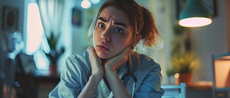 Nurse struggling with health tech gadget, puzzled expression, modern clinic, soft light, candid , photographic styleの素材