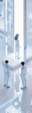 Innovative team finding cure via holographic body scan, stark white ambiance, birdseye view, pioneering research hub , hyper realisticの素材