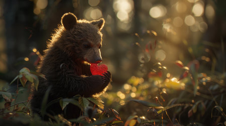 Bear cub offering a heartshaped present, soft woodland light, medium shot, playful mischief , cinematicの素材