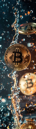 Bitcoin amidst falling water droplets, vibrant clarity, fluid investment, sparkling future , photographic styleの素材