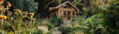An ecofriendly tiny house surrounded by a rewilded garden, promoting prosocial living and sustainabilityの素材