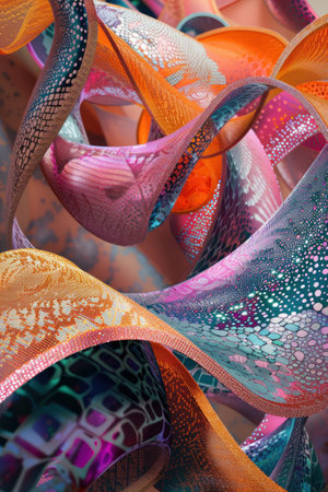 An abstract representation of nanotechnology merging with fabric, visualizing the microscopic process in a creative industry setting , Hyper realisticの素材