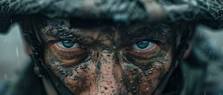 Capture the intricate details of a soldiers determined eyes in the midst of a surreal historic battle using high-definition drone photography with a touch of illusionary surrealismの素材