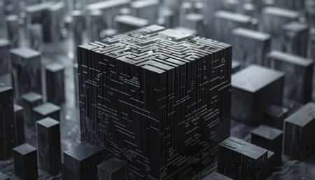 A 3D rendering of a black cube with intricate geometric patterns on its surface, sitting in the middle of a vast cityscape made of the same material.の素材