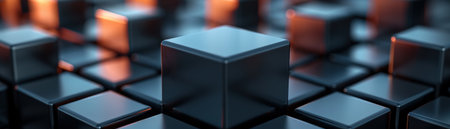 3d render of a lot of gray cubes with one cube in the center being slightly elevatedの素材